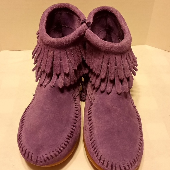 Minnetonka moccasins children's double fringe ankle boot purple size 12 - Picture 2 of 7